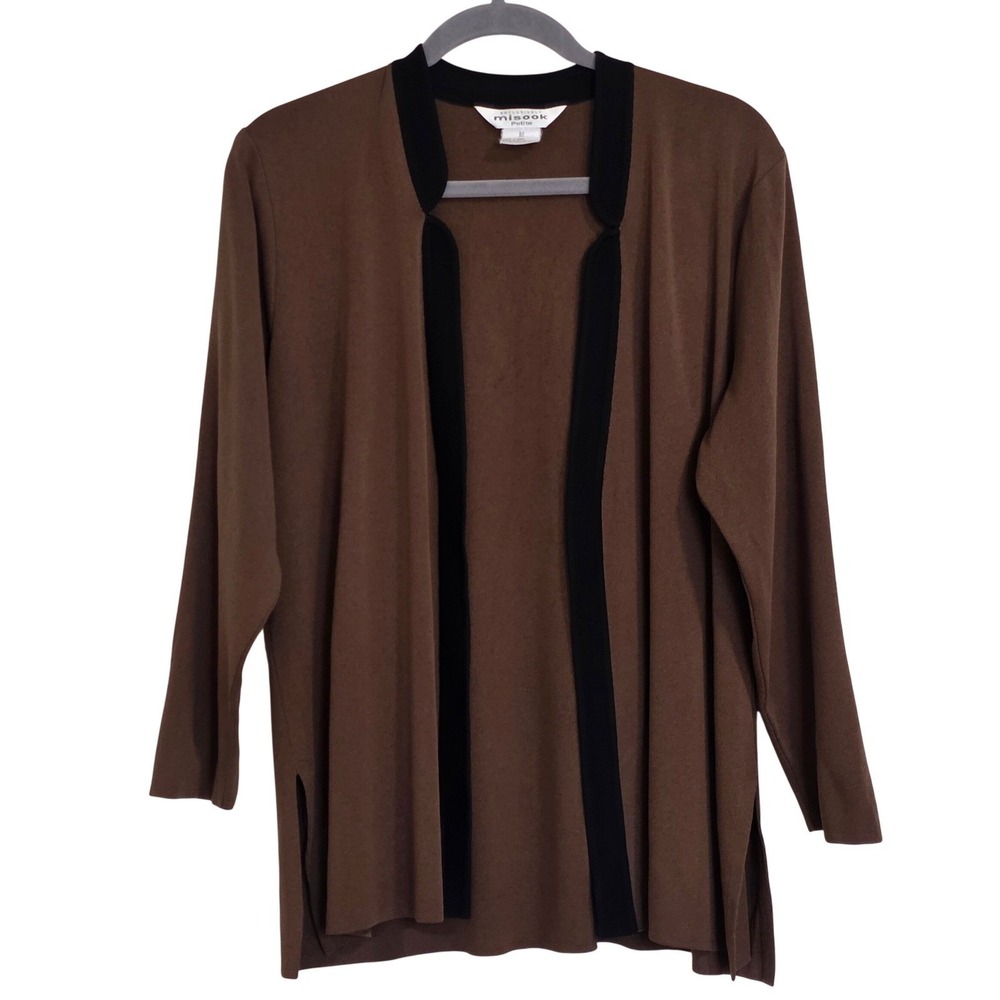 Exclusively Misook Petite Brown Black Trim Knit Open Front Cardigan Sweater Med
